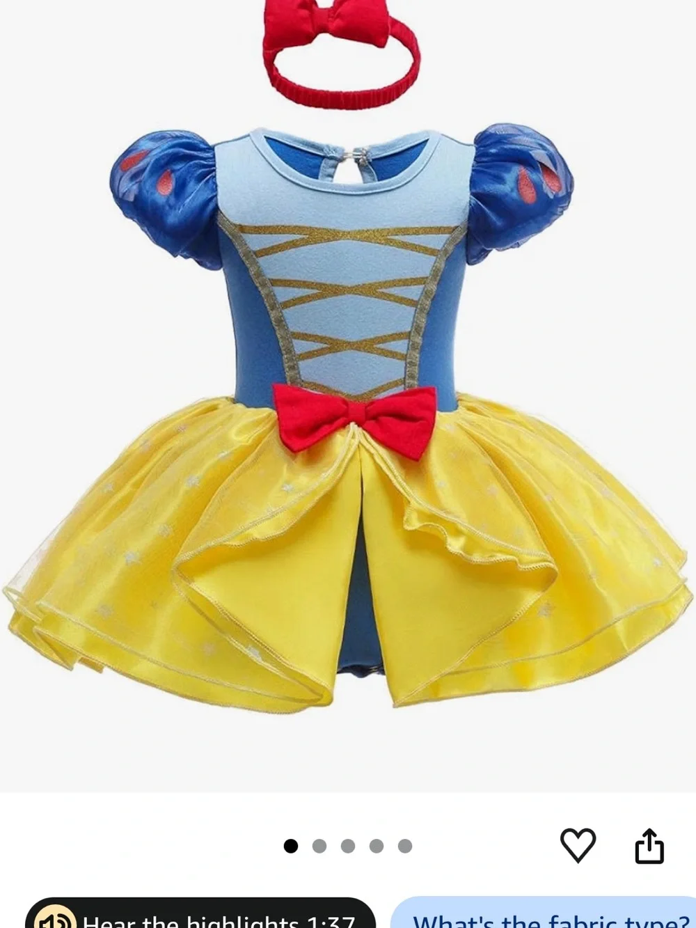 Amazon Blue and Yellow Princess Costume with Red Bows and Gold Shoes